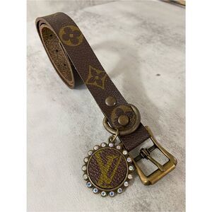 Brown Designer Monogram Dog Collar with Decorative Charm upcycle LV